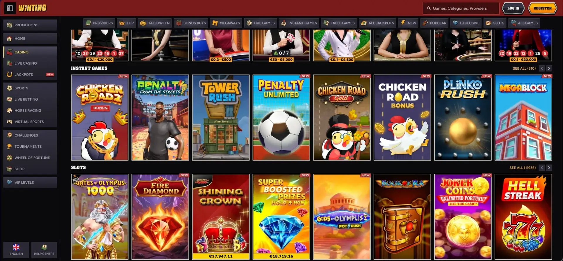Wintino casino games and category filters
