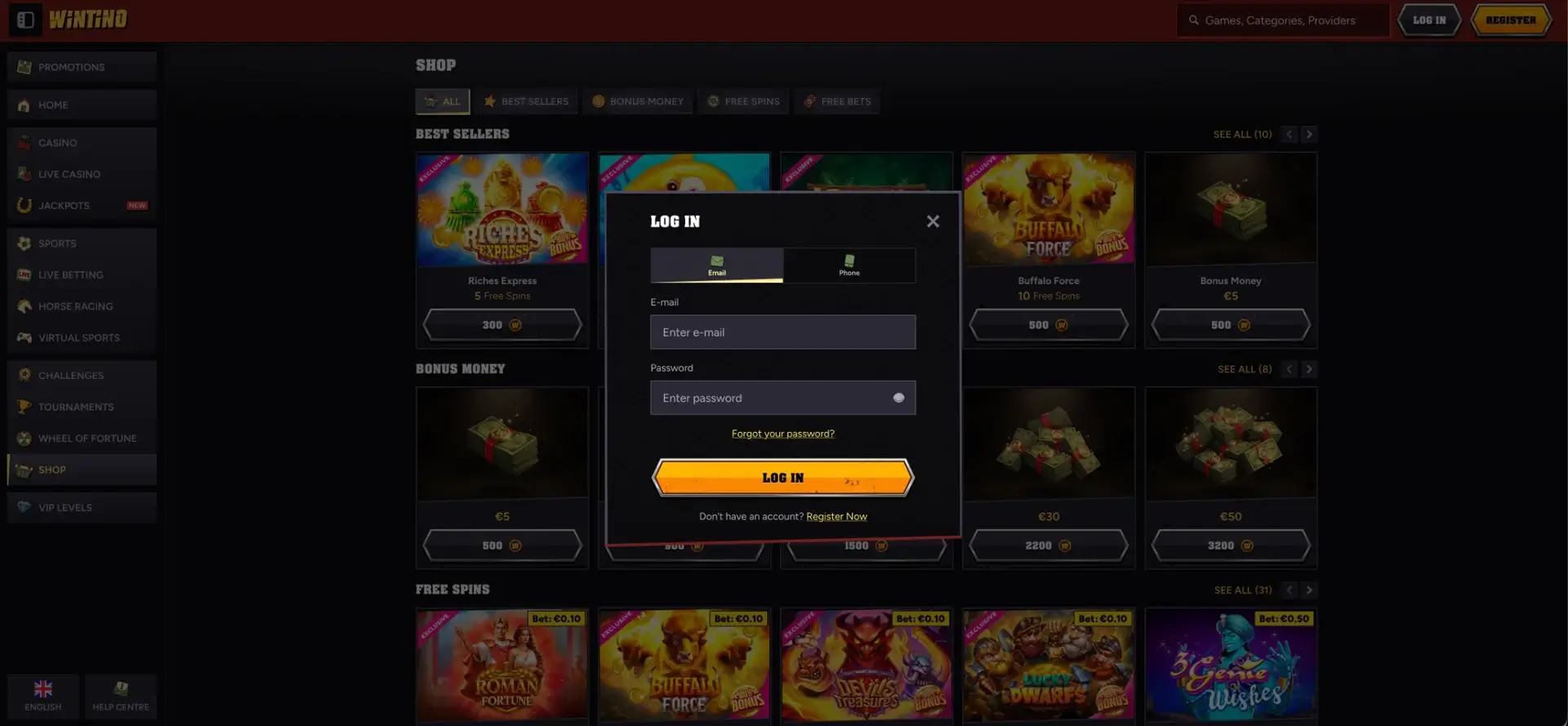 Wintino Casino Login for UK players