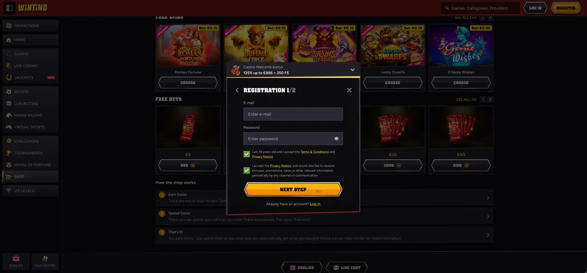 Wintino account registration form